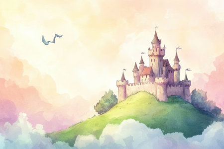A charming castle rests upon a verdant hill, surrounded by soft clouds, as gentle colors paint the sky at dusk, inviting wonder and imagination.の素材