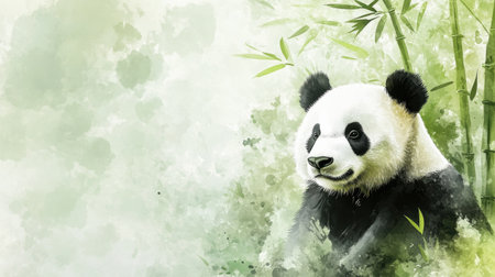 A giant panda sits peacefully amidst lush green bamboo, showing the beauty of nature through soft watercolor strokes and gentle colors.の素材