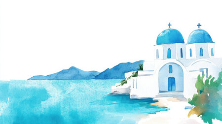 A tranquil coastal view features a lovely white church with blue houses next to clear waters, reflecting a peaceful Mediterranean ambiance.の素材
