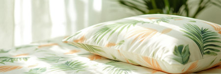 Soft pillows with tropical leaf patterns rest on a sunny bed, bringing a refreshing summer atmosphere to the room.の素材