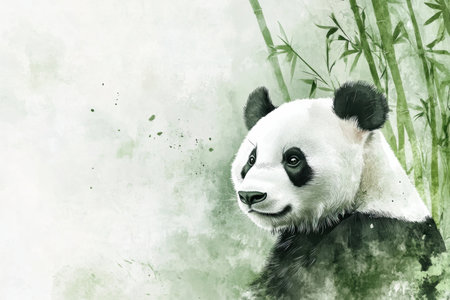 Panda enjoys its peaceful habitat with lush bamboo around, showing natures beauty in bright daylight in this watercolor illustration.の素材