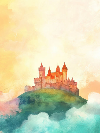 A grand castle stands tall on a verdant hill during sunset, bathed in warm hues, with fluffy clouds softly enveloping its base.の素材
