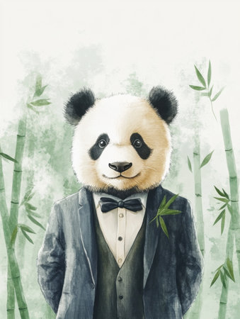 A panda wearing a tuxedo stands elegantly surrounded by green bamboo, embodying a whimsical wedding atmosphere with a touch of nature.の素材