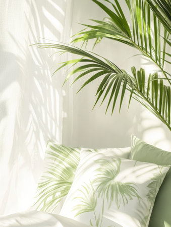 Bright sunlight casts playful shadows on tropical patterned cushions in a serene room adorned with lush palm leaves.の素材