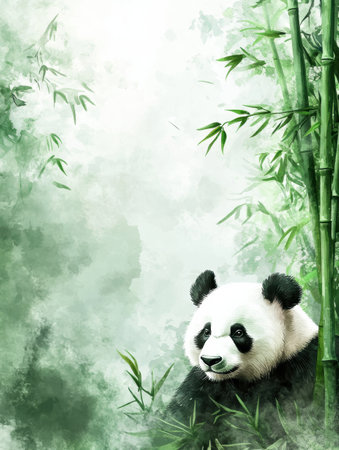 A panda relaxes surrounded by vibrant bamboo, capturing the peaceful essence of nature in soft watercolor tones.の素材