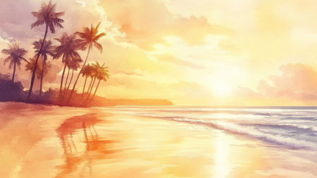 Golden hues fill the sky above a peaceful beach with palm trees silhouetted against the setting sun, as waves softly lap the shore.の素材