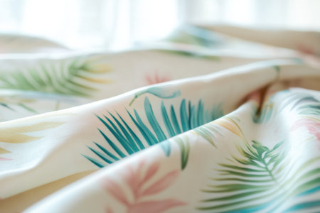 Soft light filters through as vibrant tropical patterns adorn lightweight summer fabrics, creating a breezy and refreshing atmosphere.の素材