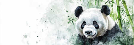 A lively panda is depicted in a tranquil bamboo forest created in a delicate watercolor illustration that highlights its playful nature.の素材