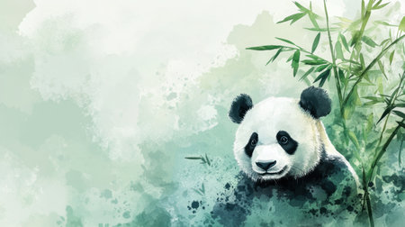 A panda appears peacefully surrounded by lush green bamboo, capturing the essence of harmony and wildlife in a beautiful setting.の素材