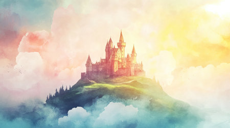 A majestic castle atop a green hill, surrounded by fluffy clouds and warm sunlight, creates a magical atmosphere.の素材