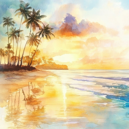 Calm tropical beach setting featuring vibrant sunset hues with silhouettes of palm trees and gentle waves reflecting the warm colors of the skyの素材