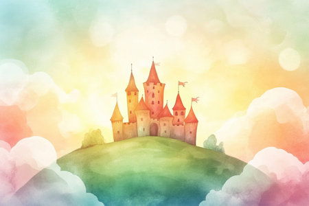 A whimsical castle stands on a green hill, surrounded by soft pastel clouds at sunrise, illuminated by gentle, warm colors.の素材