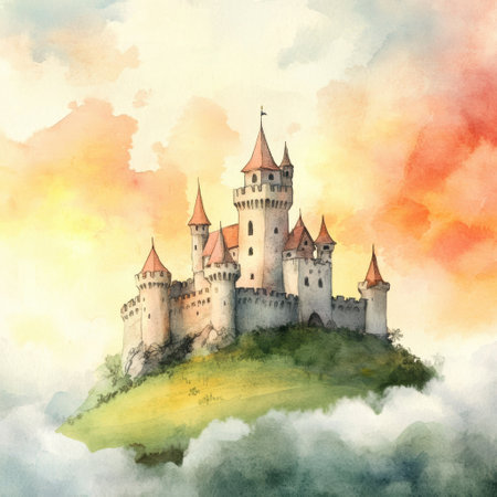 A stunning castle overlooks a lush green hill, surrounded by soft clouds, as vibrant colors of sunset fill the sky above.の素材