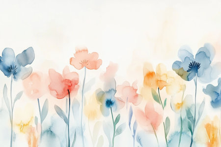 Delicate watercolor illustration features a variety of blooming flowers in soft pastel tones, capturing the essence of springtime joy and tranquility.の素材