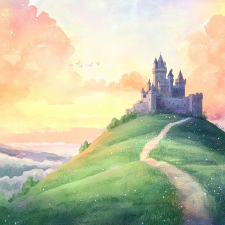 A beautiful castle sits atop a green hill as pastel clouds fill the sky at sunset, creating a magical atmosphere in this watercolor artwork.の素材