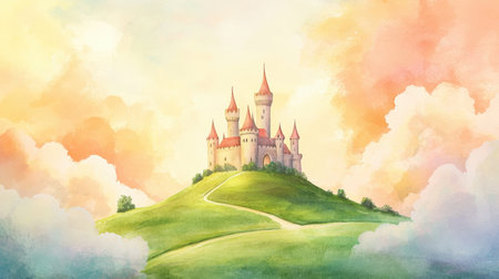 A picturesque castle stands on a verdant hill, surrounded by gentle clouds, under a stunning sky transitioning to twilight.の素材