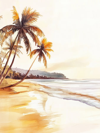 Tropical beach scene features golden sands, swaying palm trees, and gentle waves reflecting the hues of a soft sunset, evoking tranquility.の素材