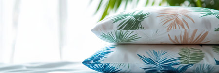 Soft pillows featuring tropical designs rest on a bed. Sunlight streams through the window, creating a warm and inviting atmosphere in the room.の素材