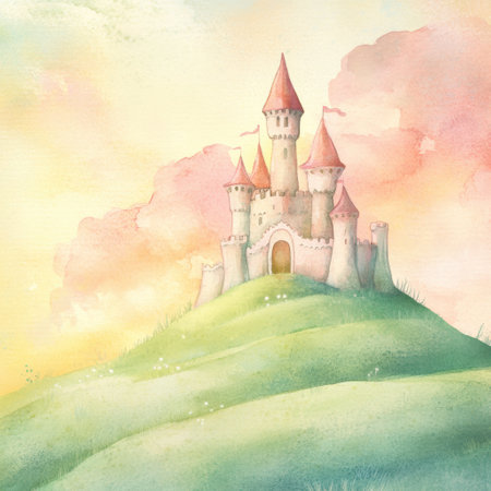 A majestic castle sits atop a rolling green hill, surrounded by soft pink clouds and a warm sunset glow, evoking a sense of magic and wonder.の素材