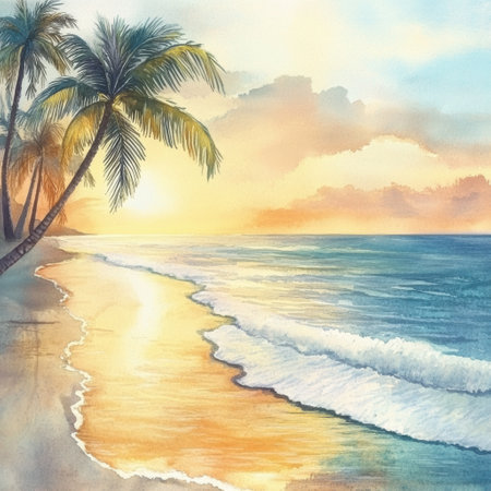 Tropical beach features swaying palm trees and gentle waves under a beautiful sunset, evoking a tranquil atmosphere and natural beauty.の素材