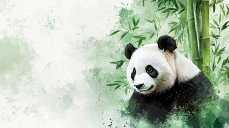 A playful panda enjoys its tranquil environment, surrounded by lush bamboo in a soft watercolor landscape, evoking a calm afternoon vibe.の素材
