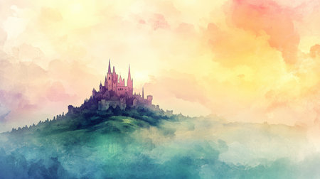 A grand castle stands atop a green hill, bathed in warm colors of sunset and surrounded by soft mist and vibrant skies.の素材