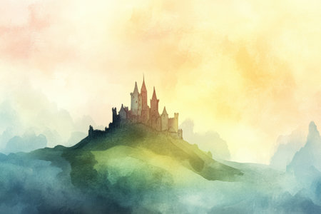 A grand castle stands atop a green hill, enveloped in soft mist, illuminated by the warm colors of a sunrise in this watercolor creation.の素材