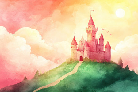 A majestic castle stands on a lush hill as vibrant sunset hues create a dreamy atmosphere, inviting imagination and wonder from viewers.の素材