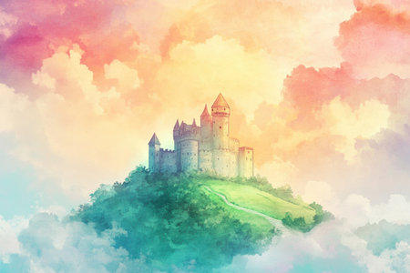 A grand castle stands atop a lush green hill, enveloped in soft clouds while colorful hues fill the sky at sunset, creating a dreamlike atmosphere.の素材