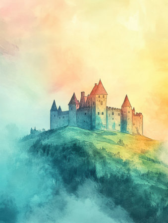 A stunning castle stands on a hill, enveloped in soft clouds and vibrant hues as the sun rises, casting warm light across the landscape.の素材