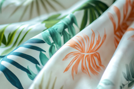 Vibrant tropical patterns adorn soft, light summer fabrics, perfect for fashion or home decor, bringing a fresh feel to warm weather activities.の素材