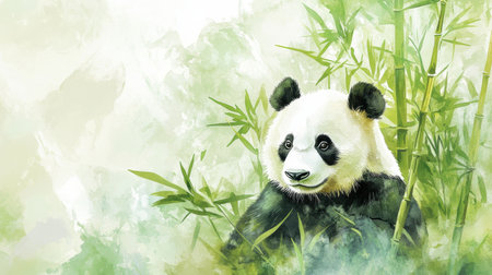 This artwork features a delightful panda surrounded by lush bamboo in a tranquil atmosphere, showing natures beauty and serenity.の素材