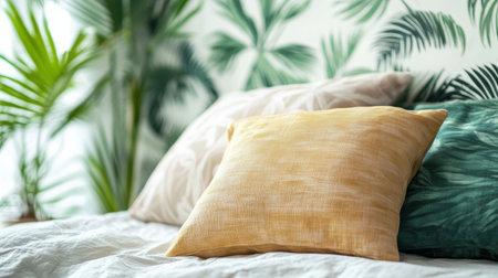 Soft pillows with tropical patterns rest on a white bedspread in a bright room filled with lush greenery and vibrant decor.の素材