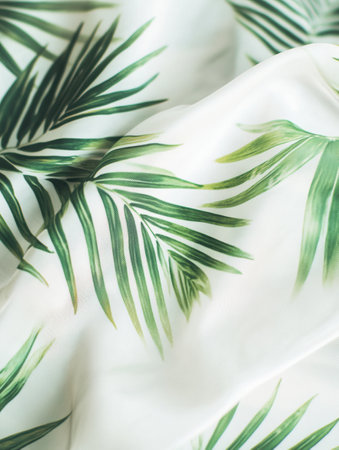 Vibrant green palm leaves adorn lightweight fabric, ideal for summer clothing. Perfect choice for sunny days and beach trips.の素材