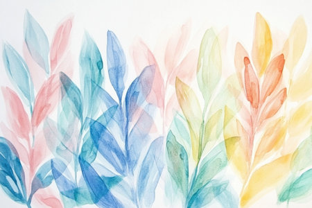 Vibrant watercolor artwork featuring delicate, flowing leaves in shades of blue, pink, and yellow creating a calming atmosphere.の素材