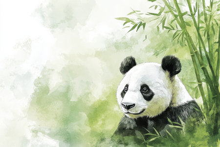 A panda relaxes calmly among lush green bamboo in a tranquil forest, capturing the beauty of nature in watercolor.の素材