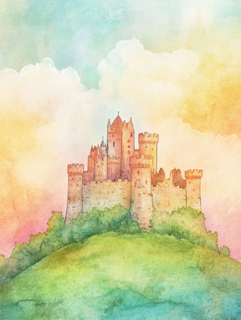 Majestic castle sits atop a lush hill, bathed in warm sunset hues, providing a tranquil view amidst colorful skies.の素材
