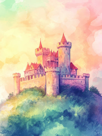 A grand castle sits on a hill, its towers reaching for the sky. Vivid watercolor blends create a serene atmosphere at dawn, enhancing the beauty.の素材