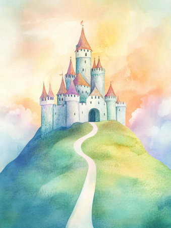 A stunning watercolor illustration shows an enchanting castle perched atop a green hill, surrounded by soft clouds and a vibrant sky.の素材