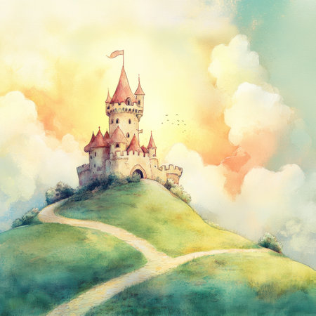 A charming watercolor illustration depicts a fairytale castle on a grassy hill. Birds fly above as the sun sets in a colorful sky.の素材
