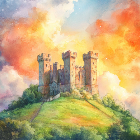 A grand castle stands on a lush hill, its towers reaching for the sky as vibrant clouds swirl around in a captivating sunset.の素材