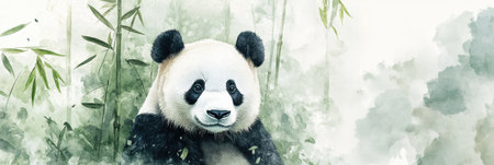 A panda is peacefully resting among lush green bamboo in a tranquil forest. Gentle light filters through the trees.の素材