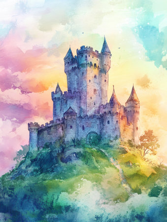 A vibrant watercolor illustration showcases a majestic castle perched on a hill, surrounded by lush greenery and a colorful sunset sky.の素材