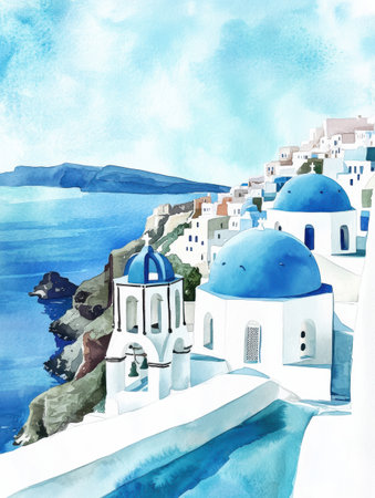 A beautiful coastal view of Santorini captures blue domes, white buildings, and the serene sea along the cliffs under a clear skyの素材