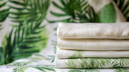 Brightly colored fabrics featuring tropical patterns are stacked, inviting a light summer vibe perfect for warm weather outfits or decor.の素材