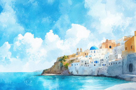 A picturesque coastal village in Greece showcases white washed buildings and a vibrant blue dome along the shoreline, surrounded by lush hills.の素材