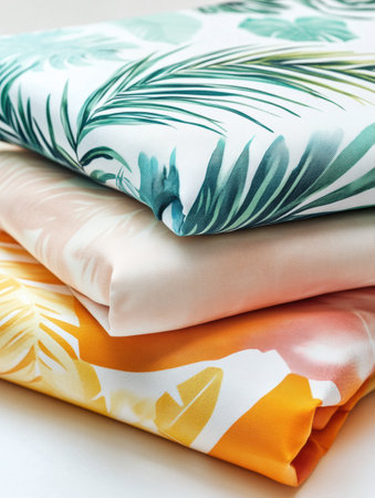 Tropical patterned light summer fabrics stacked neatly, showcasing bright colors perfect for seasonal outfits or home accessories.の素材