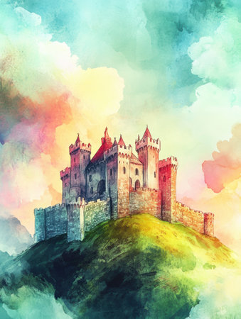 A stunning castle sits atop a lush green hill, surrounded by colorful skies. The scene captures the beauty of nature and architecture at dusk.の素材
