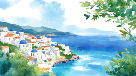 This stunning watercolor depicts a coastal village with white buildings and blue houses by a calm sea, surrounded by lush greenery.の素材