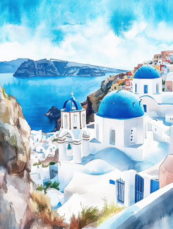 A vibrant watercolor captures the beauty of Santorinis iconic blue domes, with cliffs and ocean in the background, showcasing serene coastal charm.の素材